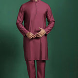 Red Cotton Blend Kurta Set With Floral Printed Nehru Jacket