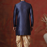 Dark Blue Cotton Blend Printed Sherwani Set