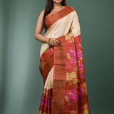 Cream Tussar Silk Saree With Vibrant Floral Prints