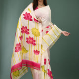 White Pure Silk Saree With Floral Paint