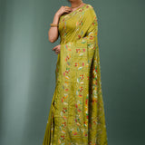 Muted Greenish Yellow Blended Silk Kantha Stitched Saree