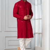 Dark Red Cotton Silk Embroidered Kurta Set