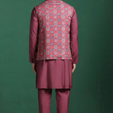 Red Cotton Blend Kurta Set With Floral Printed Nehru Jacket