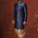Dark Blue Cotton Blend Printed Sherwani Set