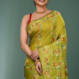 Muted Greenish Yellow Blended Silk Kantha Stitched Saree