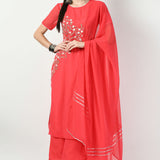 Rose Red Georgette Floral Embroidered Kurti Set