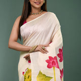 White Pure Silk Saree With Floral Paint