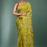 Muted Greenish Yellow Blended Silk Kantha Stitched Saree