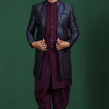 Deep Purple Solid Jacquard Sherwani Set