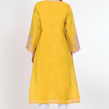 Solid Yellow Raw Silk Floral Embroidered Kurti Set