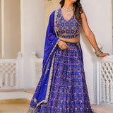 Royal Blue Georgette Printed Lehenga Set