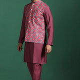 Red Cotton Blend Kurta Set With Floral Printed Nehru Jacket