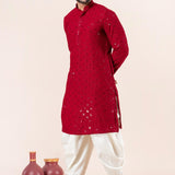 Red Cotton Silk Embroidered Dhoti Set