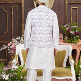 Cream Art Banarasi Silk Kurta Set With Digital Printed Jacket