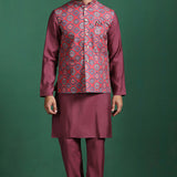 Red Cotton Blend Kurta Set With Floral Printed Nehru Jacket