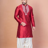 Cherry Red Cotton Blend Embroidered Kurta Set