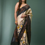 Cream Tussar Silk Saree With Floral Prints