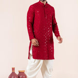 Red Cotton Silk Embroidered Dhoti Set
