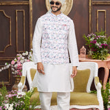 Cream Art Banarasi Silk Kurta Set With Digital Printed Jacket