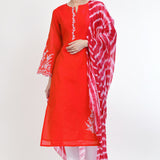 Bright Red Raw Silk Floral Embroidered Kurti Set