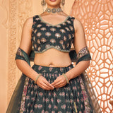 Greyish Black Chinon Printed Lehenga Set