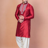 Cherry Red Cotton Blend Embroidered Kurta Set