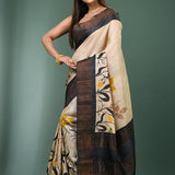 Cream Tussar Silk Saree With Floral Prints