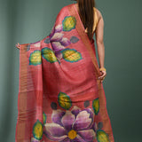 Faded Red Tussar Silk Saree With Hand Painted