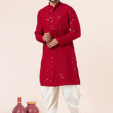 Red Cotton Silk Embroidered Dhoti Set