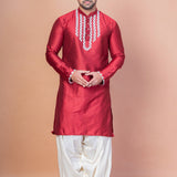 Cherry Red Cotton Blend Embroidered Kurta Set