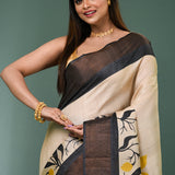 Cream Tussar Silk Saree With Floral Prints