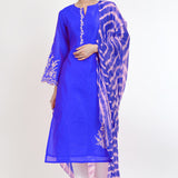 Neon Blue Raw Silk Floral Embroidered Kurti Set