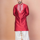 Cherry Red Cotton Blend Embroidered Kurta Set