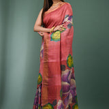 Faded Red Tussar Silk Saree With Hand Painted