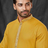 Mustard Jacquard Kurta Set With Embroidered Neck