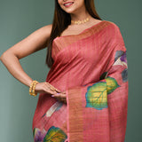 Faded Red Tussar Silk Saree With Hand Painted