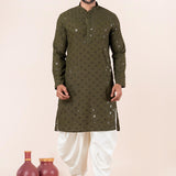 Olive Green Cotton Silk Embroidered Dhoti Set
