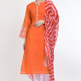 Pumpkin Orange Raw Silk Floral Embroidered Kurti Set