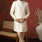 Pastel Cream Printed Cotton Blend Sherwani Set