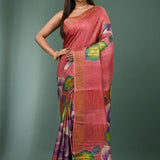 Faded Red Tussar Silk Saree With Hand Painted