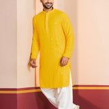 Bright Yellow Cotton Silk Embroidered Patiala Set