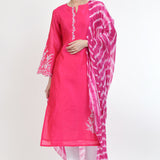 Mexican Pink Raw Silk Floral Embroidered Kurti Set