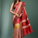 Red Tussar Silk Saree With Patterns