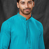 Sky Blue Jacquard Kurti Set With Embroidered Neck