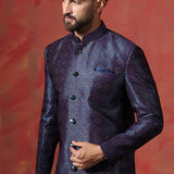 Dark Blue And White Jacquard Texture Sherwani Set