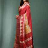 Red Tussar Silk Saree With Patterns