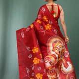 Maroon Pure Silk Saree With Floral Paint