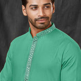Middle Spring Green Silk Kurta Silk With Shisha Work