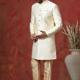 Pastel Cream Printed Cotton Blend Sherwani Set