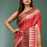Red Tussar Silk Saree With Patterns